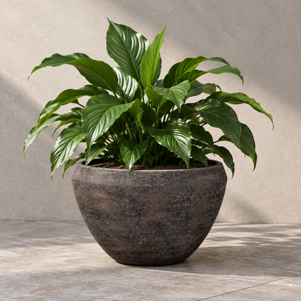 Donica i osłonka GRC Modern Brown 45 cm z rośliną na eleganckim tarasie
