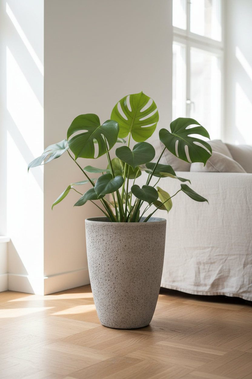Donica Modern Light Grey 43 cm – lifestyle z monstera w salonie
