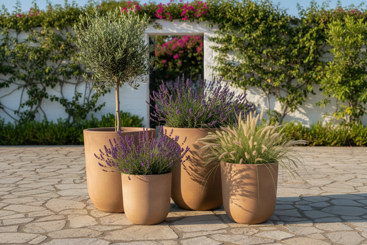 Komplet 4 donic Garden Old Rust Sand – lifestyle śródziemnomorski taras