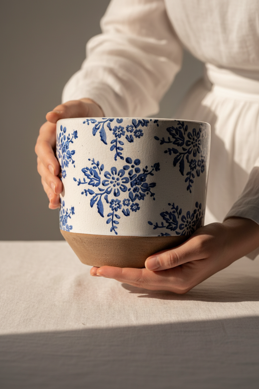 Osłonka Fiore Blue Kwiaty 22 cm – scale shot trzymana oburącz