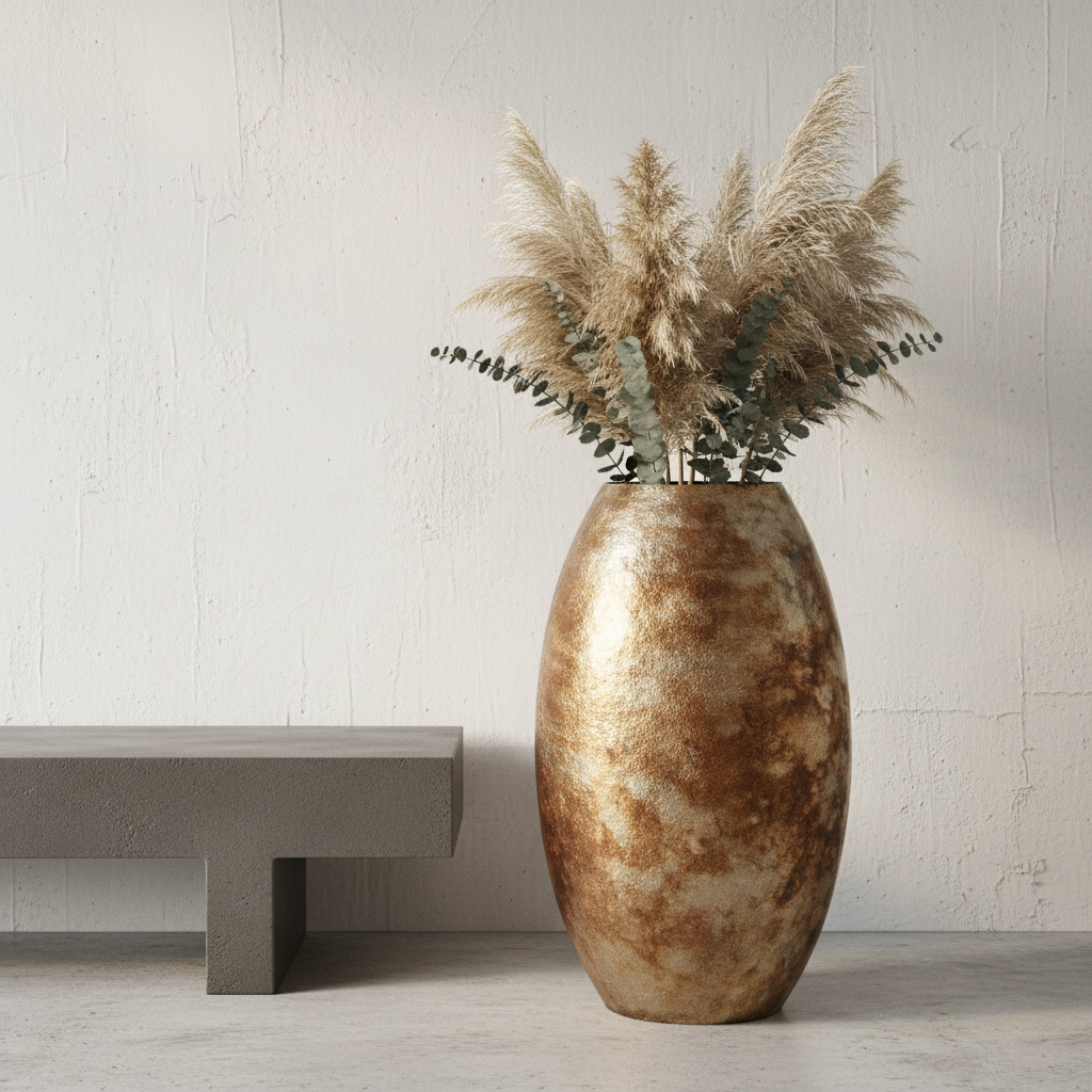 Wazon metalowy Modern Gold 80 cm w salonie loftowym z trawami pampasowymi