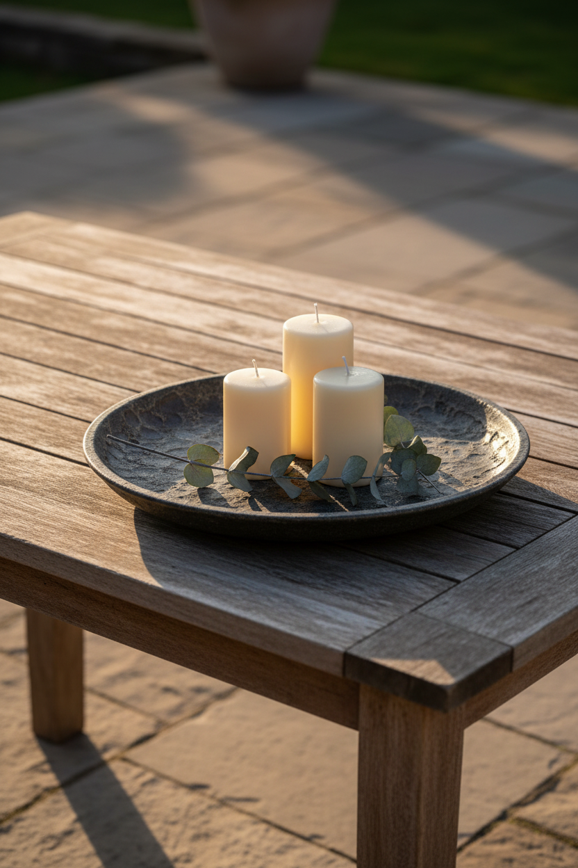 Talerz dekoracyjny Garden Old Black – lifestyle, stół ogrodowy ze świecami